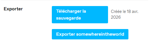 Capture d'&eacute;cran de la fen&ecirc;tre d'exportation de Tumblr. Un cadre affiche le texte : T&eacute;l&eacute;charger la sauvegarde

