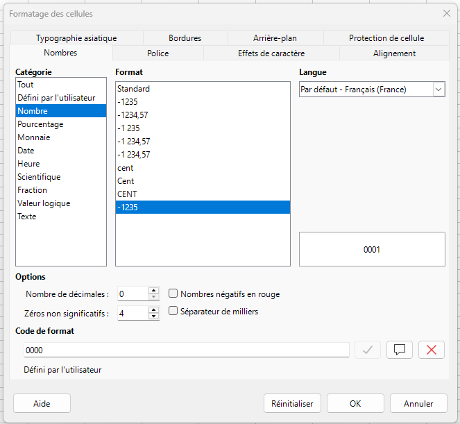 Capture d'&eacute;cran d'Office Calc. Fen&ecirc;tre Formatage des cellules, Cat&eacute;gorie Nombre, format -1235, Z&eacute;ros significatifs : 4